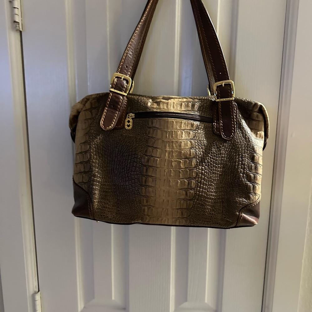Brown Crocodile Textured Shoulder Bag with Gold Accents